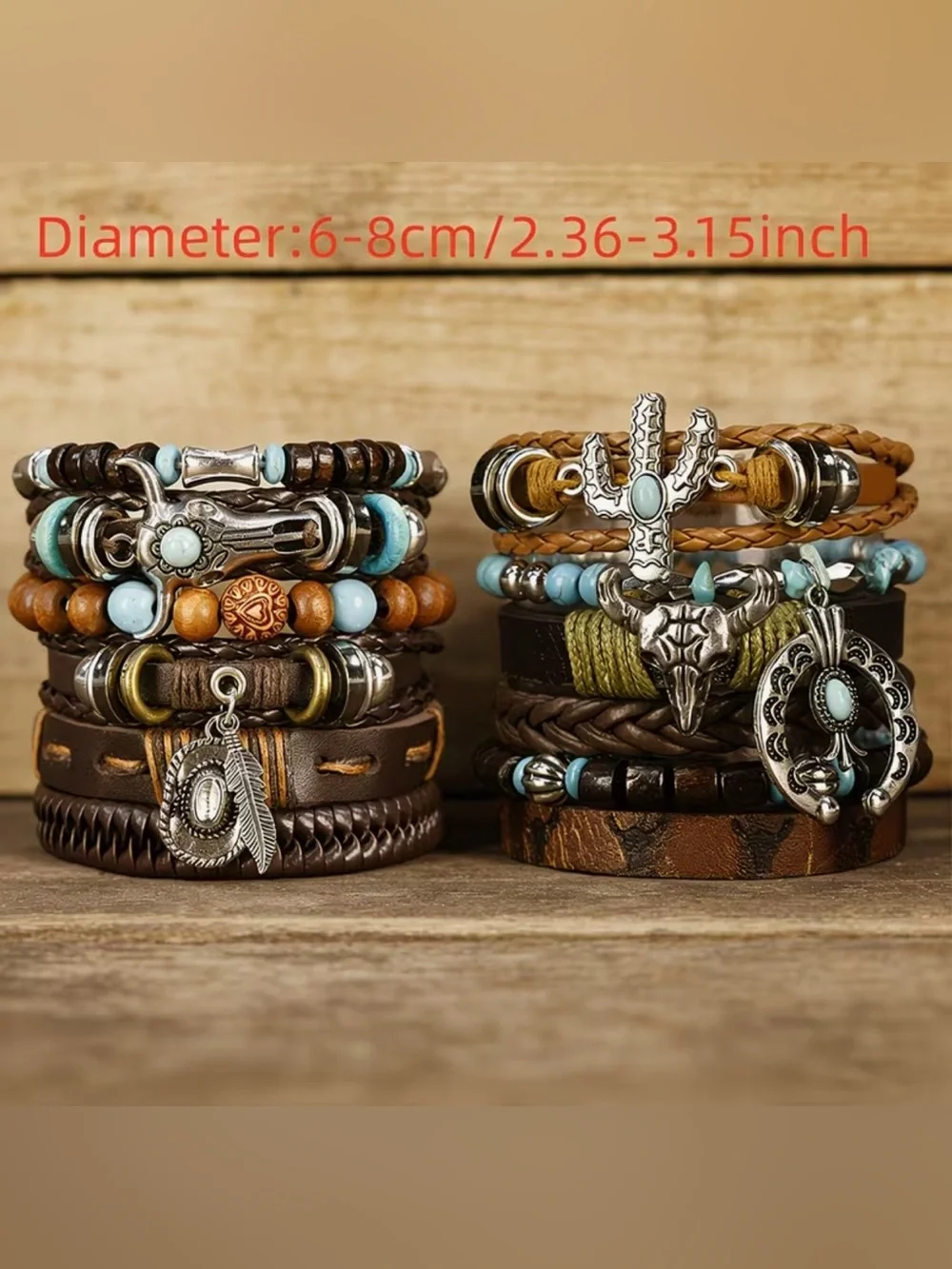 Western Layered Leather & Turquoise Bead Bracelet Stack